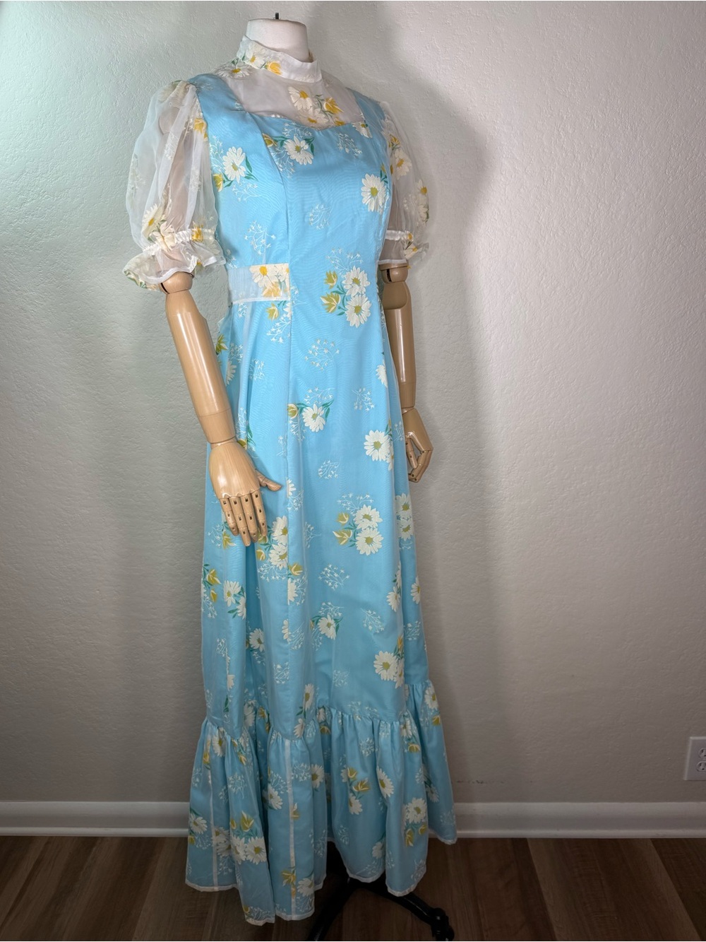 Vintage 60s Sky Blue Prairie Flocked Daisy Floral Ruffled Maxi Dress SMALL EUC - Picture 9 of 16